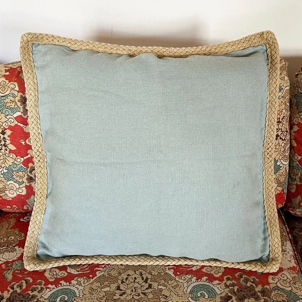 Pottery Barn Light Blue Linen Braided Jute Trim Pillow Cover Zip Closure 20 x 20